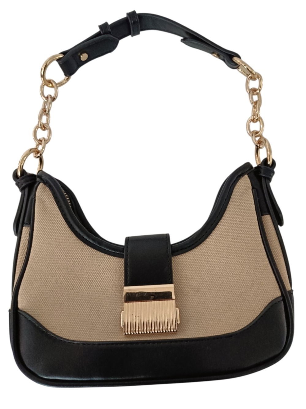 Rachel Zoe Black and Beige Mini Hobo Bag with Gold Chain Accent